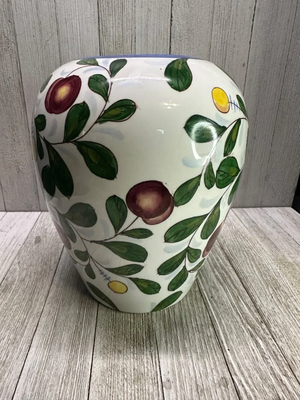 Vintage Chinese Cherry Berry Fruit Painted Vase Jar Red Stamped 8 Inches Tall